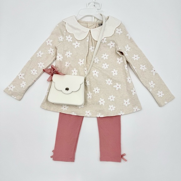 Max Studio Other - NWT MAX STUDIO kids Girl’s Floral Beige Top & Pink Leggings Set w/ White Bag 4T